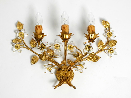 Applique florentine italienne des années 1980, large et dorée, à trois douilles