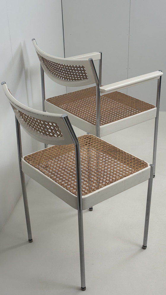 Image 1 of 2 x vintage armchair rattan/webbing chrome tube frame white wood