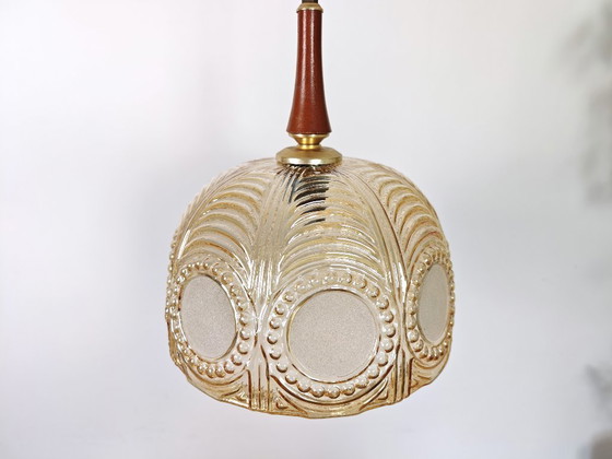 Image 1 of Vintage Amber Glass Pendant Light / 70s Mid Century Hanging Lamp / Retro Ceiling Light / Art Deco Style Glass Shade / Warm Ambie
