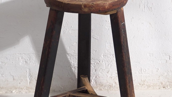 Antique dark colored round stool (c.1900) #11, Wood, Brown, Rustic (photo 3 of 16)