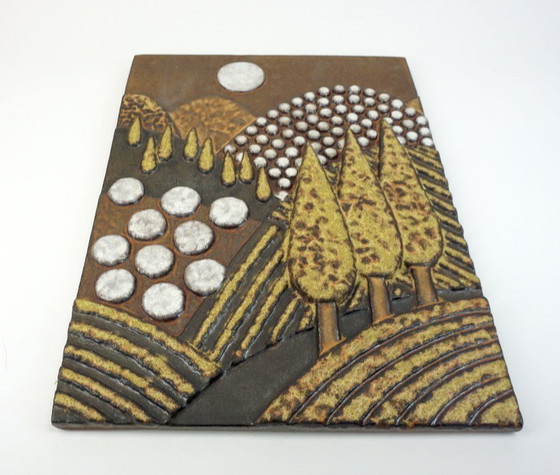 Image 1 of Majolika Karlsruhe - Gran panel de pared de cerámica con paisaje de cipreses, años 70, modelo n.º 7854, Dietmar Liedke