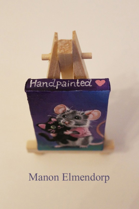 Image 1 of Unique Hand-Painted Little Mouse Painting with Cat Plush Toy