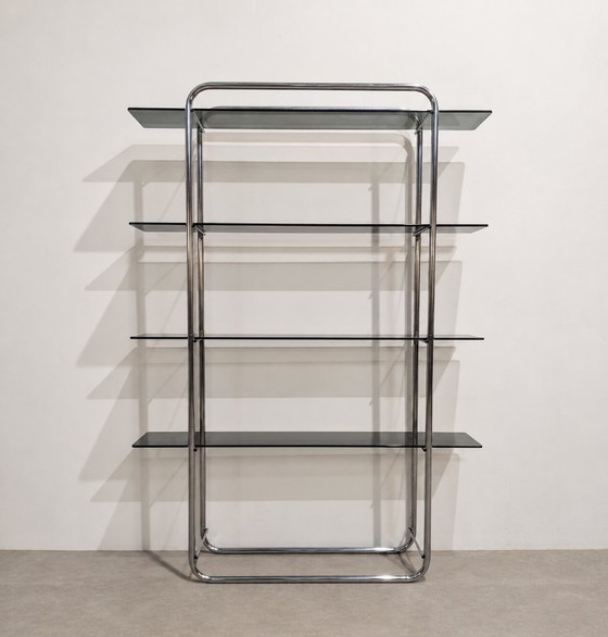 Scaffali a muro vintage cromati con vetro fumé – Anni '70 – Space Age – Glass (photo 2 of 9)