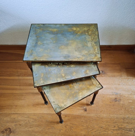 Image 1 of Vintage Maison Jansen style table nest in bronze and Verre Églomisé