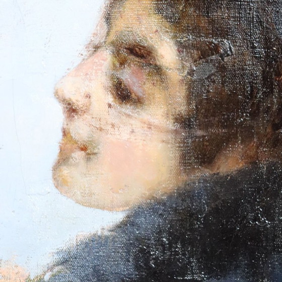 Image 1 of Ritratto di giovane donna con cappello, olio su tela, Italia, fine XIX secolo.