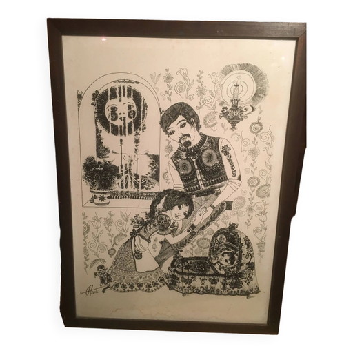Illustration/signierter Papierdruck, gerahmt, 60er/70er Jahre