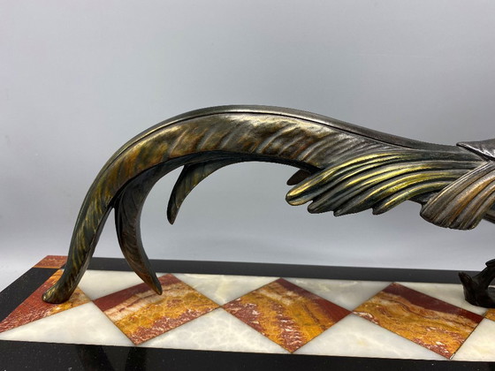 Image 1 of Grote Art Deco Fazant Beeld – Gepatineerd Spelter op Luxe Marmer – Franse 1930s Sculptuur – Wandeldecor / Verzamelobject 