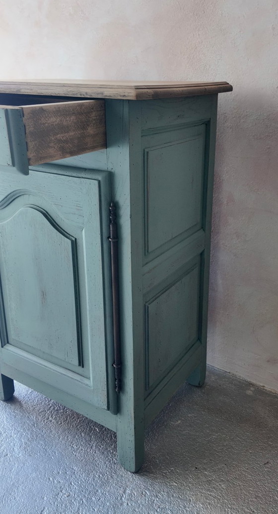 Image 1 of Antique jam cupboard with a sage green patina and solid wood finish