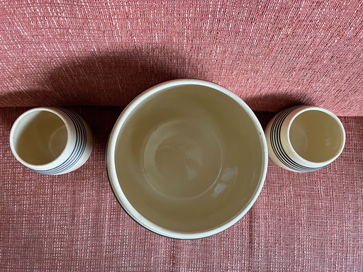 3 Antique Ironstone Storage Jars Yellow With Black/Blue Petrus Regout & Co Maastricht