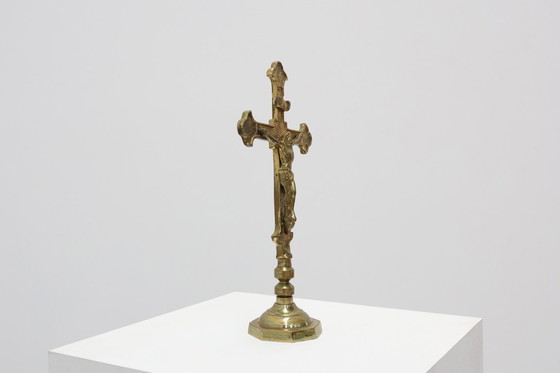 Image 1 of French Antique Catholic Alter or table Crucifix in cast copper, 1900s
