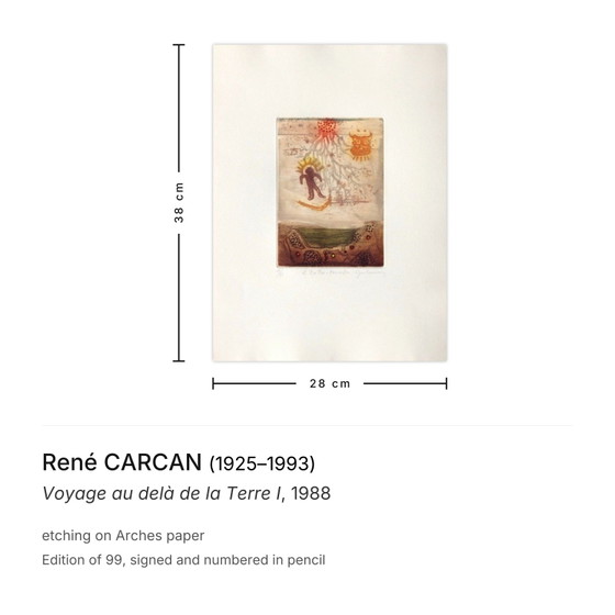 René Carcan, gesigneerde ets, Voyage Au Delà De La Terre I, 1988 – Litho's & Zeefdrukken, Paper (photo 3 of 5)