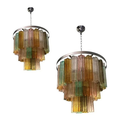 Contemporary Multicolor Tronchi Murano Glass Chandeliers - a Pair