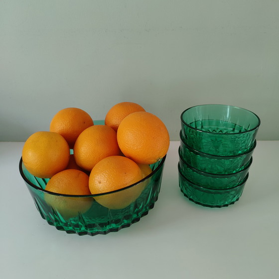 Image 1 of Arcoroc France Ciotola in vetro pressato verde con 4 ciotole, anni '60