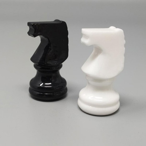 Image 1 of 1970s Gorgeous Black and White Chess Set in Volterra Alabaster Handmade Made in Italy