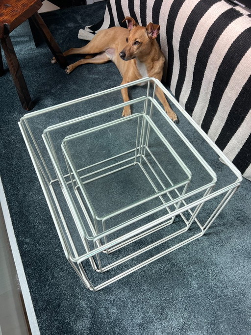 3 nesting tables by Max Sauze for Isocèle – 1970s – white metal & glass