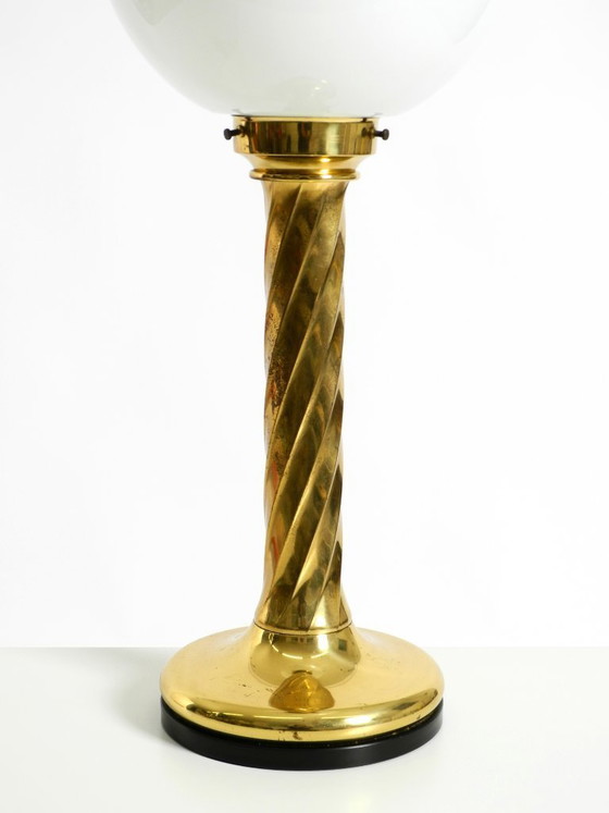 Image 1 of Large 1960s brass column-style table lamp with frosted glass globe