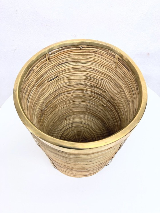Image 1 of Italian umbrella stand/paper basket rattan brass Gabriella Crespi style