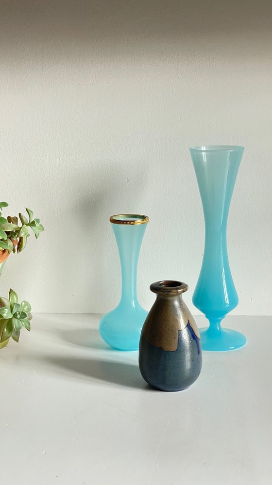 Image 1 of 3 Vintage Ocean Blue Stoneware and Opaline Glass Vases