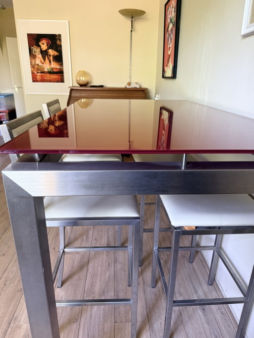 Bar-/eettafel avec vier barkrukken (lederen bekleding)