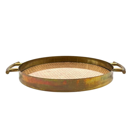 Hollywood regency luxury Vienna straw glass tray, Italy 1970, Table accessories, Brass, Rattan, Gold, Vintage (photo 6 of 7)