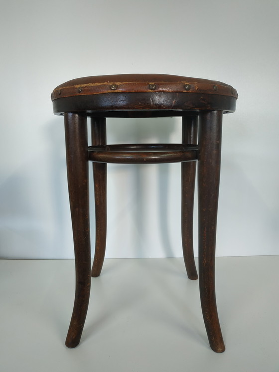 Image 1 of Vintage Antieke Thonet Kruk Stool (Webbing/Leer)