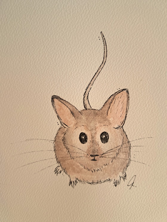 Image 1 of Watercolor painting Mouse in corner | With frame