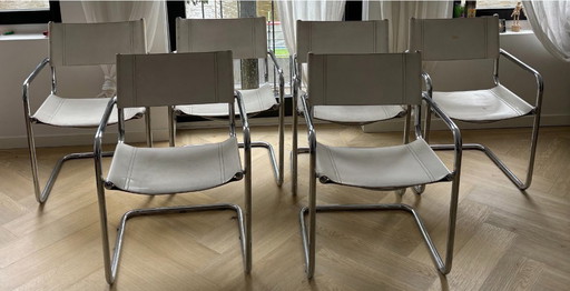 6 x chaises tubulaires chromées en cuir blanc