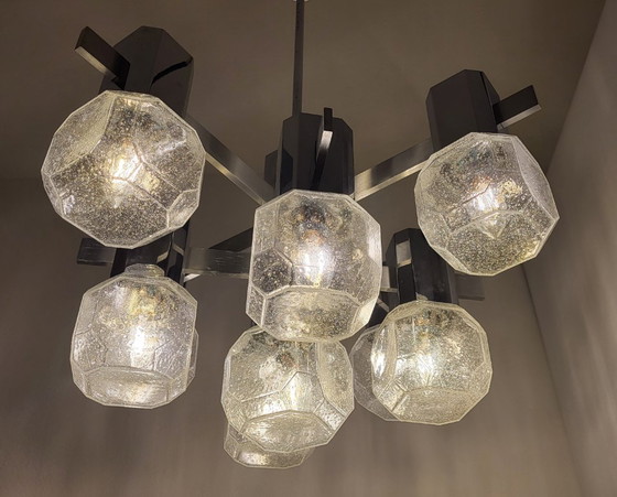 Gaetano Sciolari kroonluchter, 9 lampen, chroom, aluminium, mat glas, Space Age, Brutalisme – Chrome (photo 7 of 12)