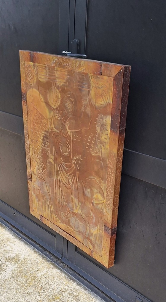 Magnifica opera d'arte religiosa, un pannello in rame sbalzato., Decorazioni murali, Legno, Marrone, Klassiek (foto 5 di 5)