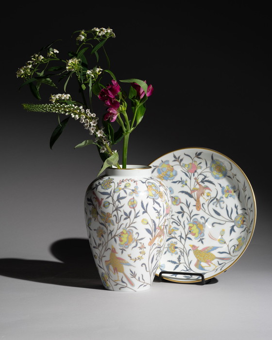 Image 1 of Rosenthal Classic Rose Vase & Matching Decorated Plate Multicolour Flora & Gold 