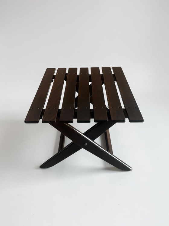 Image 1 of Vintage MESCH Gartenmöbel Set 7teilig, 5 Klappstühle und 2 Beistelltische aus Vollholz, Mid Century Outdoor Möbel