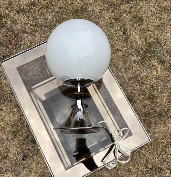 Vintage Space Age Table Lamp – Opaline Glass Globe & Chrome Base – 1970s – Metal (photo 11 of 11)