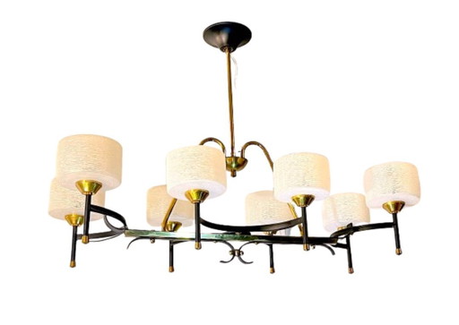 Maison Arlus, Lustre milieu de siècle, laiton et Opaline, France 1950