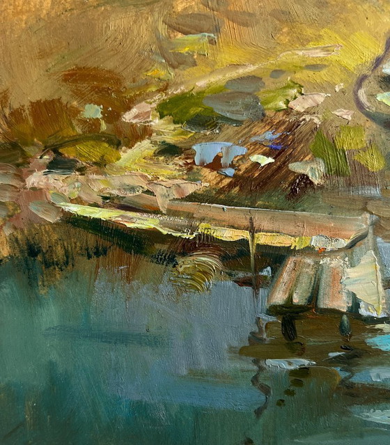 Image 1 of Origineel olieverfschilderij: Zomers kustlandschap, zomerse rust aan de rivier
