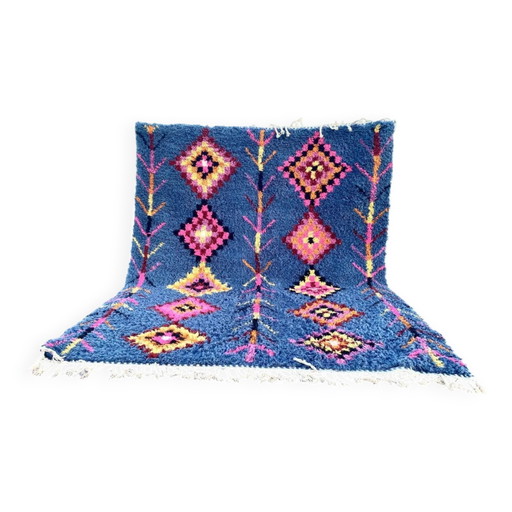 Tapis berbère 3x2M Laine épaisse bleu profond & motifs berbères multicolores