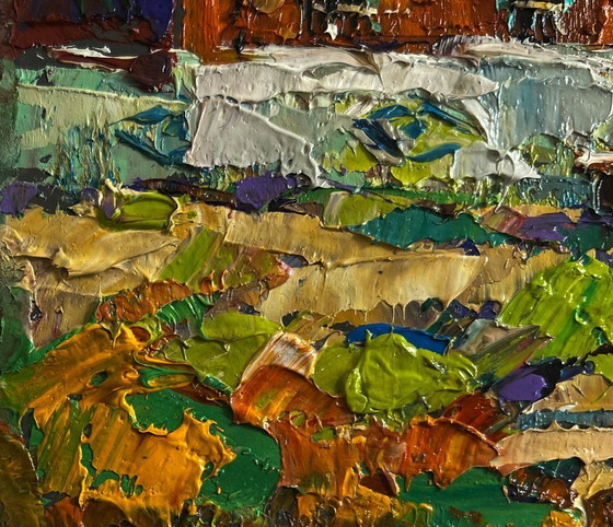 Image 1 of Original Oil Painting Summer Village Landscape Relaxing on a bench