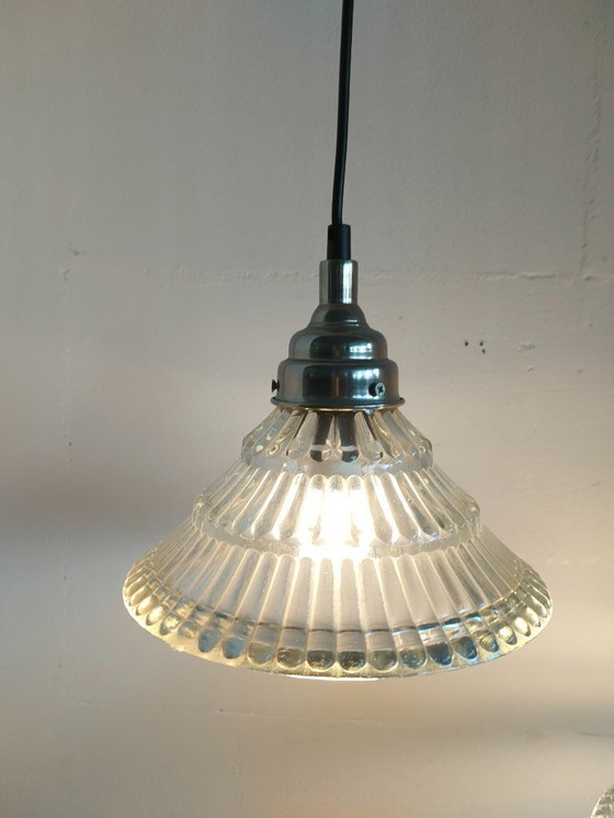 Image 1 of Set of 3 Glass Pendant Lights Holophane Style
