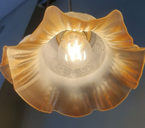 Image 1 of Set di lampade a sospensione antiche in vetro. Forma floreale/a fiore in vetro satinato.