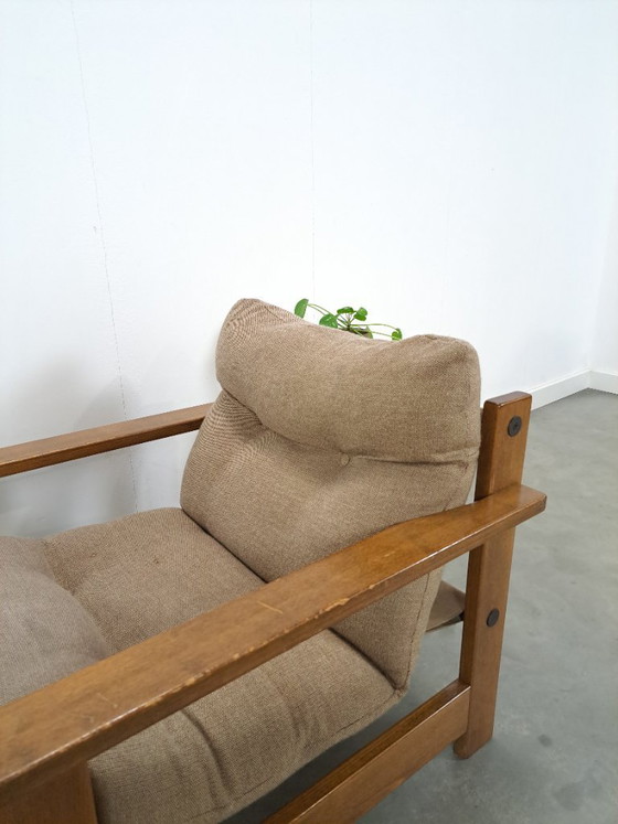Image 1 of Bruin grijze fauteuil met eikenhouten frame