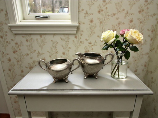 Antieke suiker- en melkkan set in art nouveau stijl uit de jaren 1920, Nederlands, verzilverd, van Daalderop & Sons.