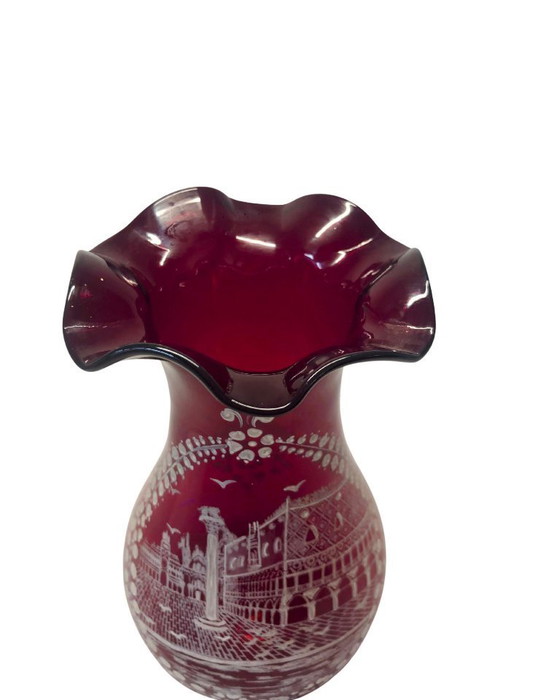 Image 1 of Vintage Bohemian Ruby Red Cut to Clear Glass Vase – Hand Blown Etched City Scene
