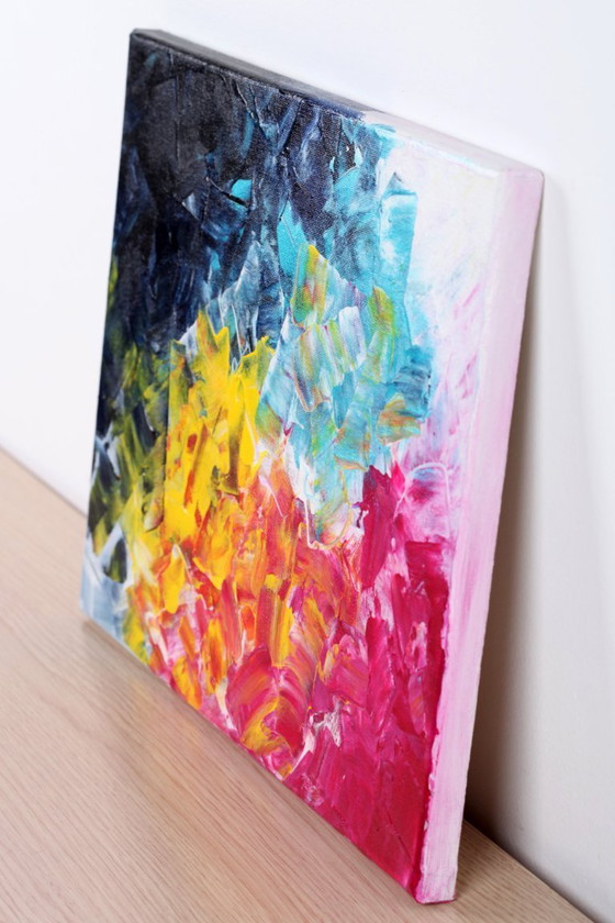 Image 1 of Acrylic painting on canvas in blue, pink, and yellow.