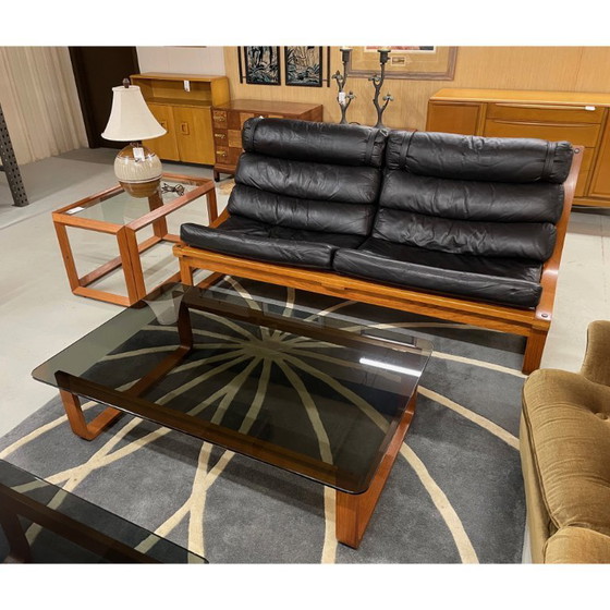 Image 1 of Divano con imbracatura T4 in pelle nera e teak, Fred Lowen per Tessa, anni '70