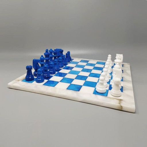 1970s Gorgeous Sky Blue and White Chess Set in Volterra Alabaster Handmade. Made in Italy