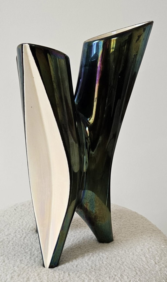 Image 1 of Vaso scultoreo a treppiede Verceram – Ceramica smaltata iridescente – anni '50-'60