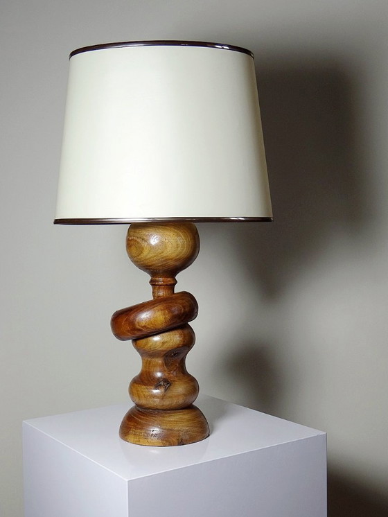 Image 1 of Impressive vintage Scandinavian style lamp, designed in carved turned wood with a ring