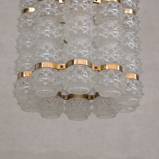 Image 1 of Swedish Mid-Century Brass and Glass Chandelier by Orrefors for Tyringe