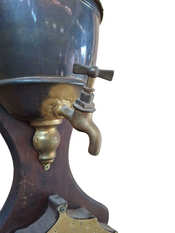 Image 1 of Antique Wall-Mounted Brass and Wood Washbasin with Cross, Early 1900s