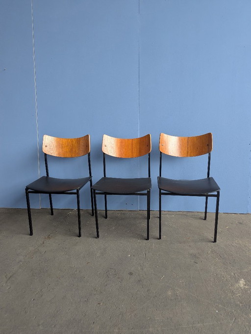 3x midcentury stoel, teak/staal, 1960s