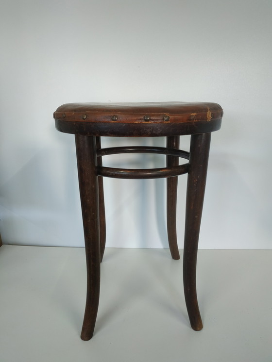 Image 1 of Vintage Antieke Thonet Kruk Stool (Webbing/Leer)